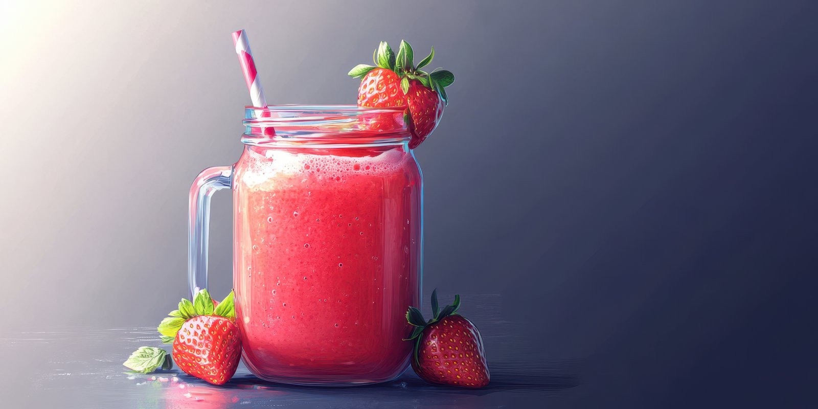 Refreshing strawberry smoothie in a mason jar garnished with fresh strawberries on a plain background
